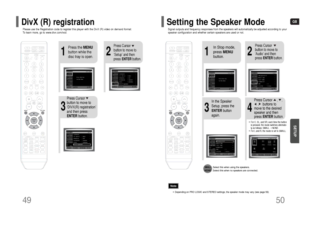 Samsung HT-THQ22, HT-THQ25 DivX R registration, Stop mode Press Menu Button, Speaker Setup, press the Enter button again 