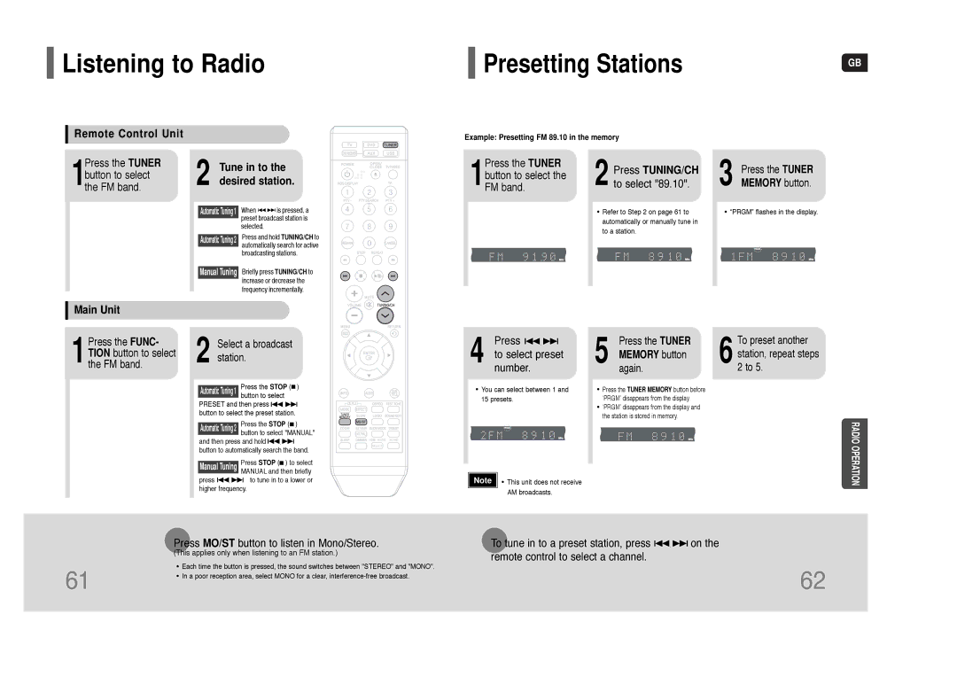 Samsung HT-THQ22 Listening to Radio, Remote Control Unit, Tune in to the desired station, Press TUNING/CH, Main Unit 