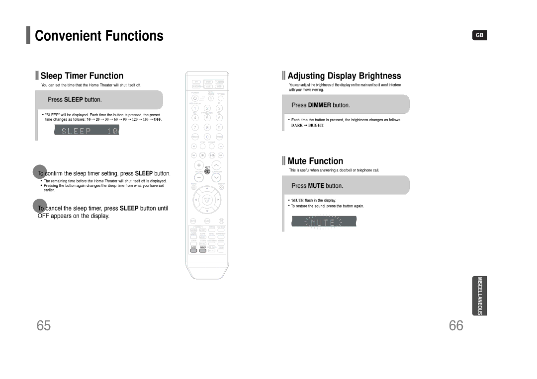 Samsung HT-THQ22, HT-THQ25 Convenient Functions, Press Sleep button, Press Dimmer button, Press Mute button 