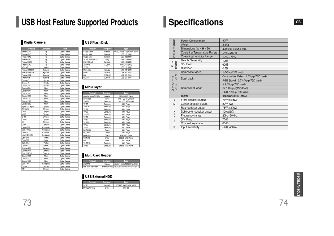 Samsung HT-THQ22, HT-THQ25 instruction manual SpecificationsGB, Digital Camera 