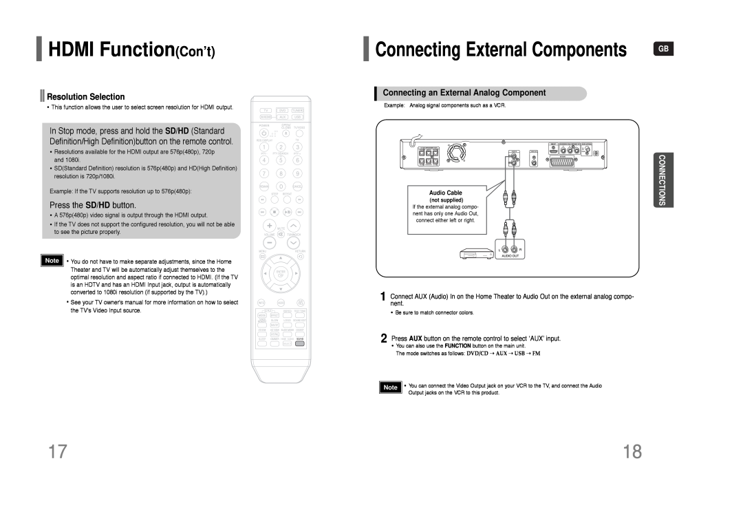 Samsung HT-THQ22 HDMI FunctionCon’t, Connecting External Components, Resolution Selection, Press the SD/HD button 
