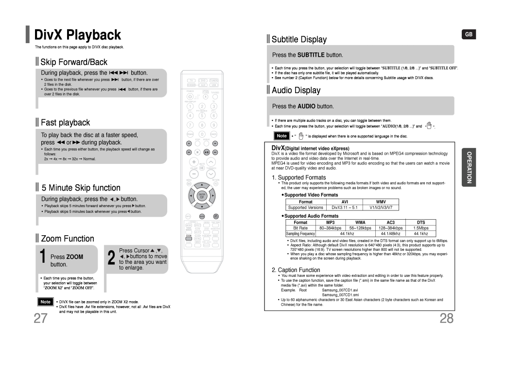 Samsung HT-THQ25 DivX Playback, Skip Forward/Back, Fast playback, Minute Skip function, Subtitle Display, Audio Display 
