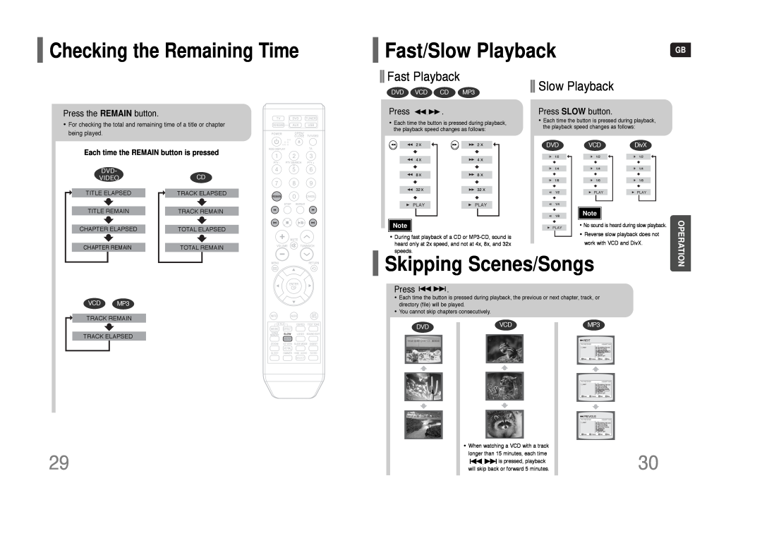 Samsung HT-THQ22 Fast/Slow Playback, Skipping Scenes/Songs, Checking the Remaining Time, Fast Playback, Press, Video 