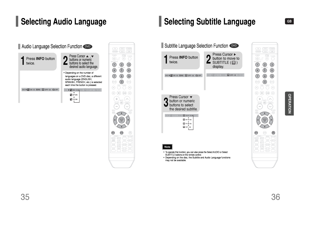Samsung HT-THQ25 Selecting Audio Language, Selecting Subtitle Language, Audio Language Selection Function DVD, Operation 