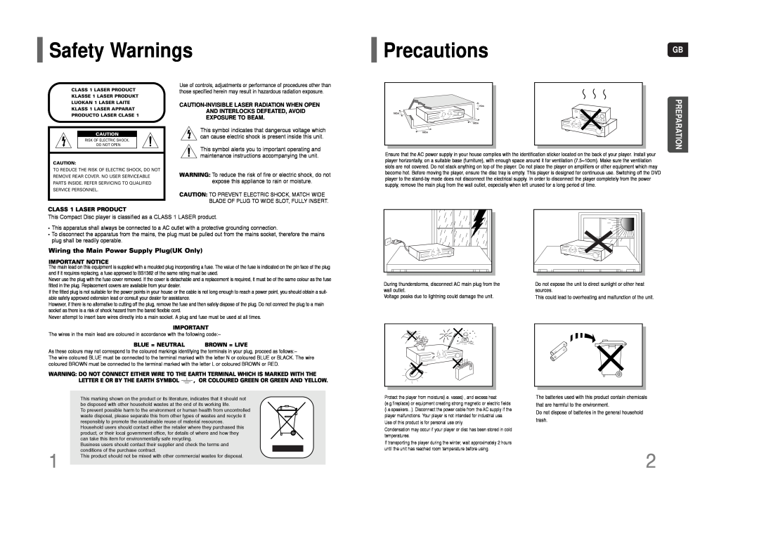 Samsung HT-THQ22 Safety Warnings, PrecautionsGB, Preparation, Wiring the Main Power Supply PlugUK Only, Important Notice 