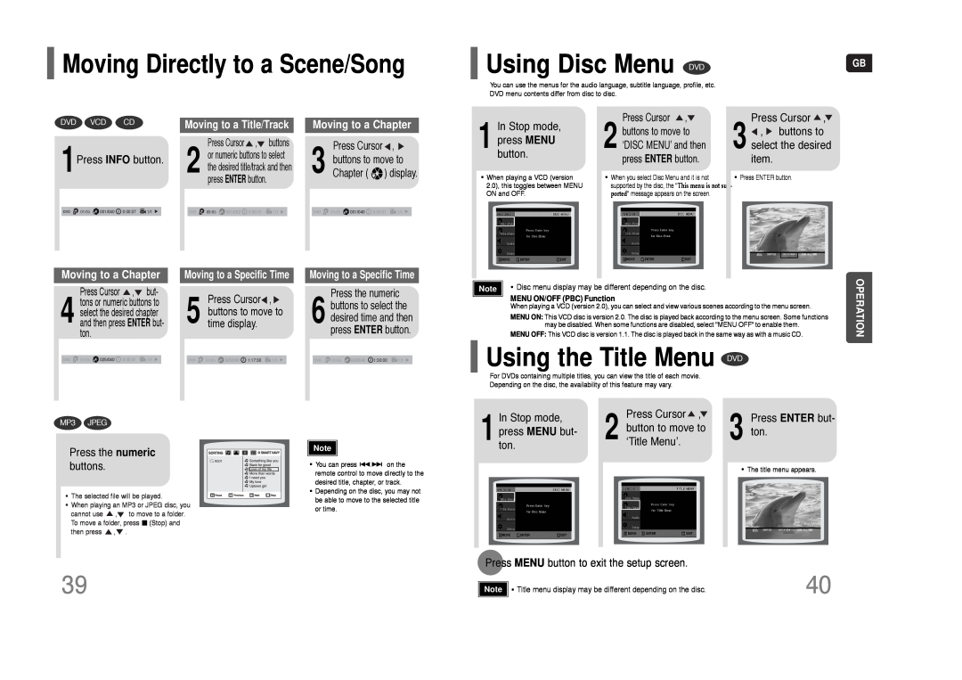 Samsung HT-THQ25, HT-THQ22 Using Disc Menu, Using the Title Menu DVD, Moving Directly to a Scene/Song, Moving to a Chapter 