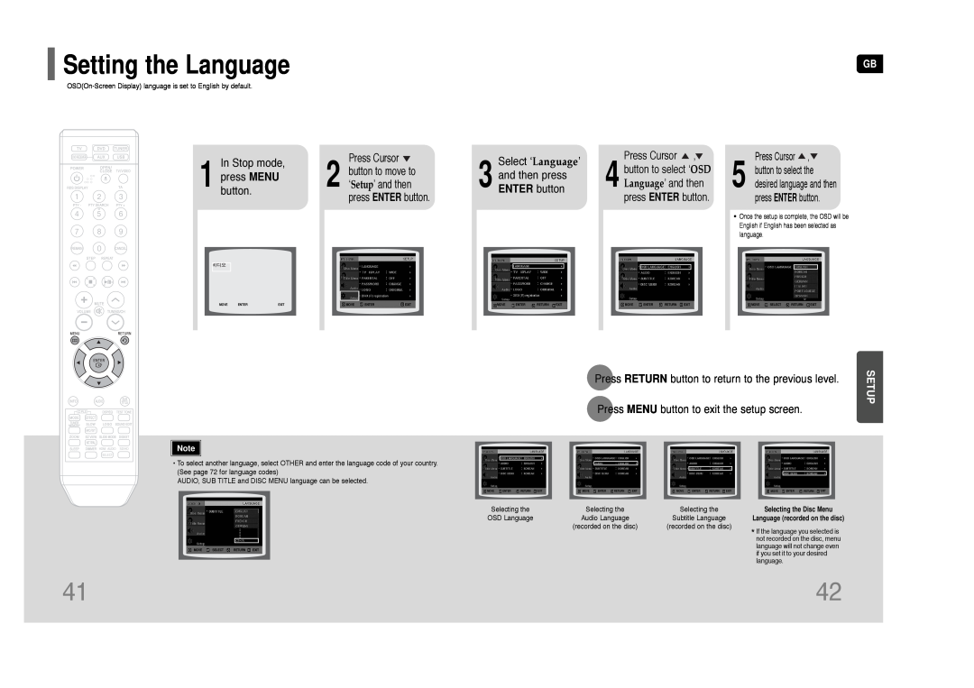 Samsung HT-THQ22 Setting the Language, Stop mode, Select ‘Language’, press MENU, and then press, ENTER button, Setup 
