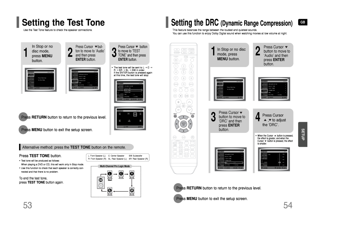 Samsung HT-THQ22 Setting the Test Tone, In Stop or no 1 disc mode, press MENU button, Press Cursor ,to adjust the ‘DRC’ 