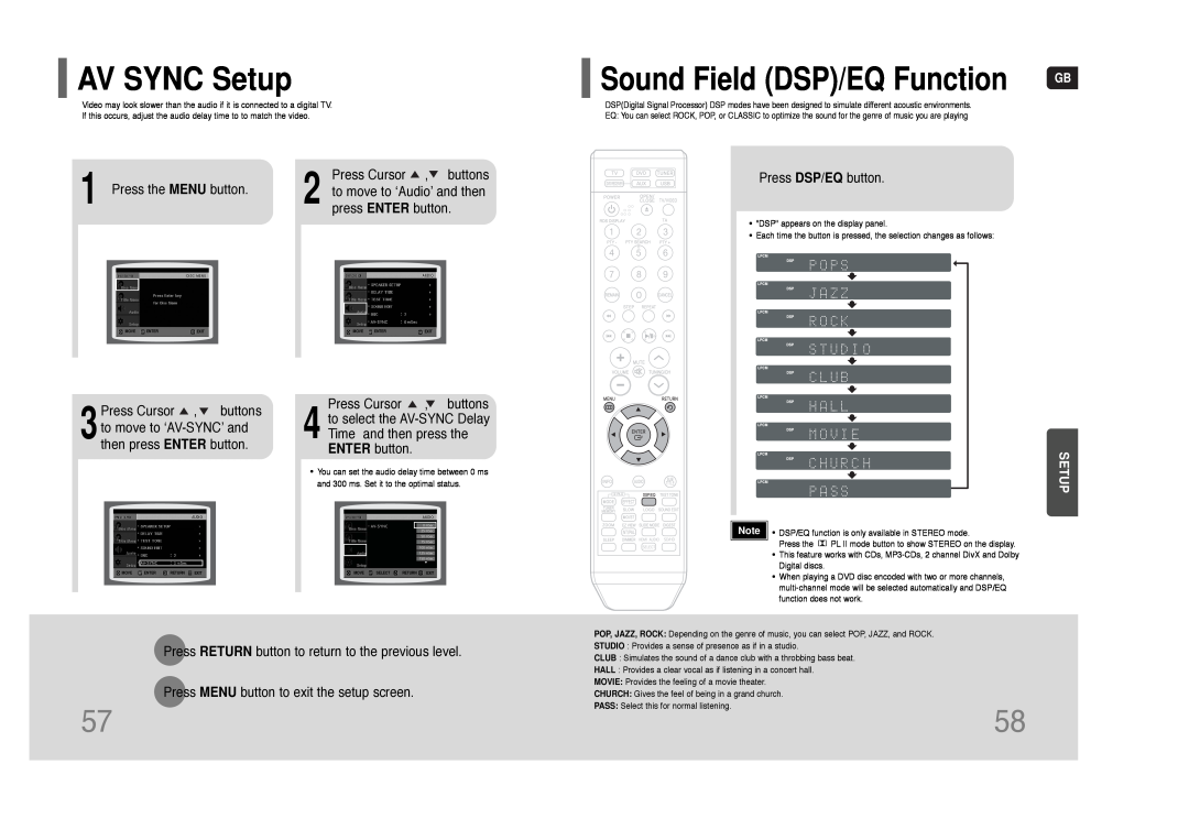 Samsung HT-THQ22, HT-THQ25 instruction manual AV SYNC Setup, Sound Field DSP/EQ Function 