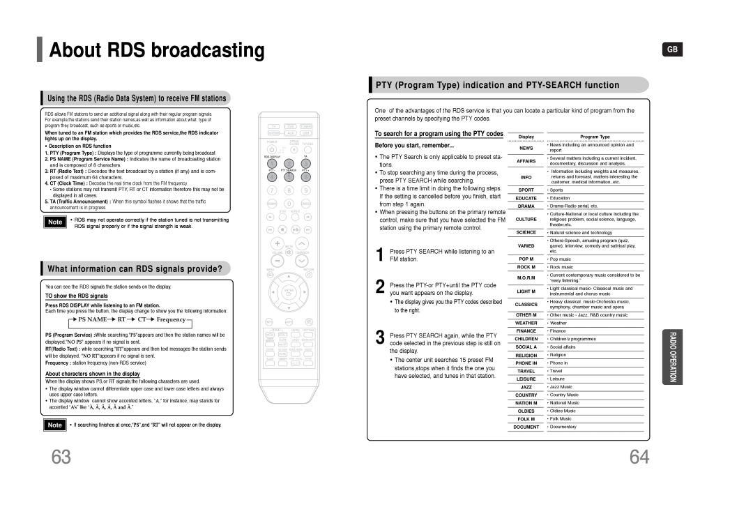 Samsung HT-THQ25, HT-THQ22 About RDS broadcasting, What information can RDS signals provide?, Radio Operation 
