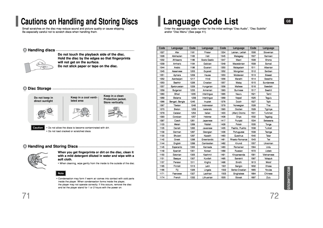 Samsung HT-THQ25 Language Code List, Cautions on Handling and Storing Discs, Handling discs, Disc Storage, Do not keep in 