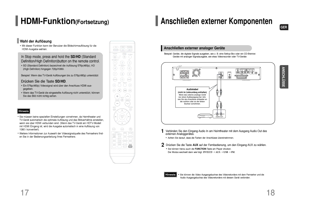 Samsung HT-THQ22R/ELS, HT-THQ25R/ELS HDMI-FunktionFortsetzung, Wahl der Auflösung, Drücken Sie die Taste SD/HD, Audiokabel 