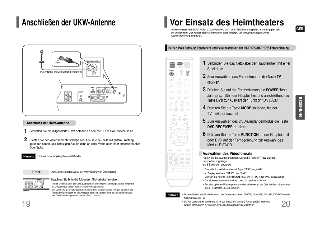 Samsung HT-THQ25R/ELS manual Vor Einsatz des Heimtheaters, Auswählen des Videoformats, Anschluss der UKW-Antenne, Lüfter 