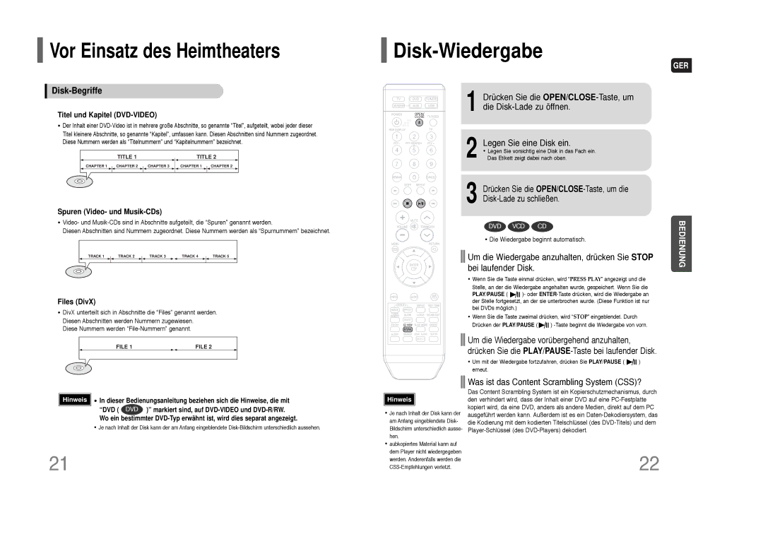 Samsung HT-THQ22R/ELS, HT-THQ25R/ELS manual Disk-Wiedergabe, Vor Einsatz des Heimtheaters, Disk-Begriffe 