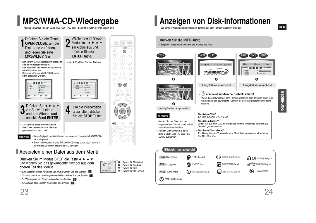 Samsung HT-THQ25R/ELS, HT-THQ22R/ELS manual MP3/WMA-CD-Wiedergabe 