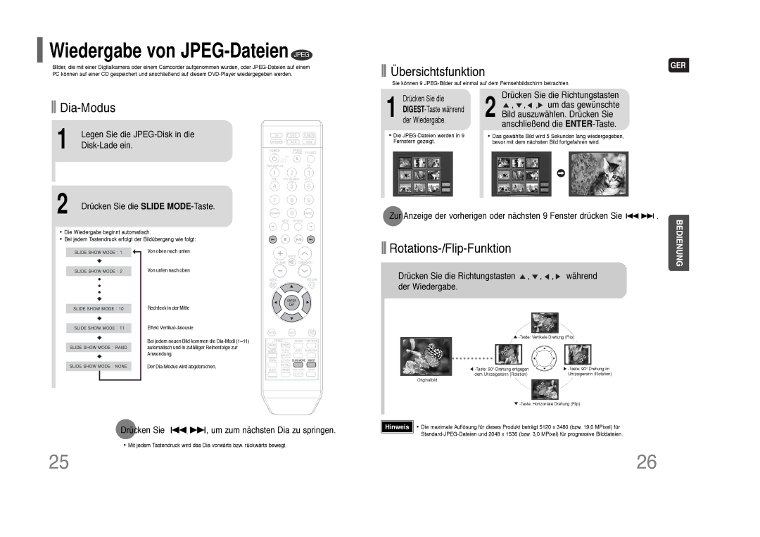 Samsung HT-THQ22R/ELS, HT-THQ25R/ELS manual Wiedergabe von JPEG-Dateien Jpeg, Legen Sie die JPEG-Disk in die, Disk-Lade ein 