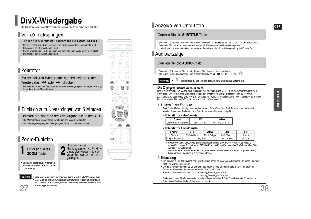 Samsung HT-THQ25R/ELS, HT-THQ22R/ELS manual DivX-Wiedergabe 