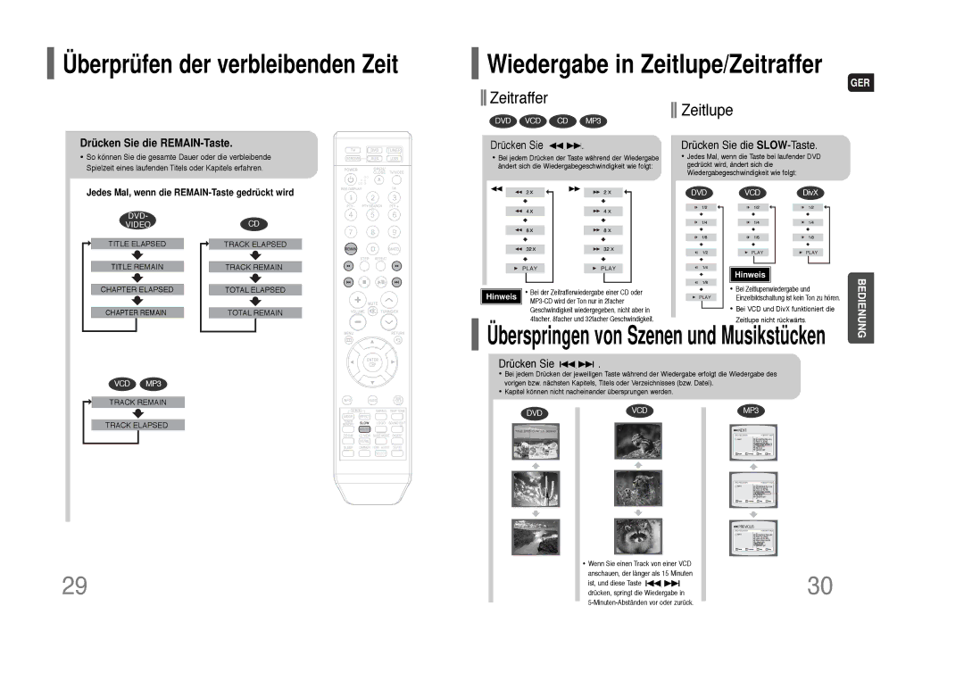 Samsung HT-THQ22R/ELS manual Überprüfen der verbleibenden Zeit, Drücken Sie die REMAIN-Taste, Drücken Sie die SLOW-Taste 