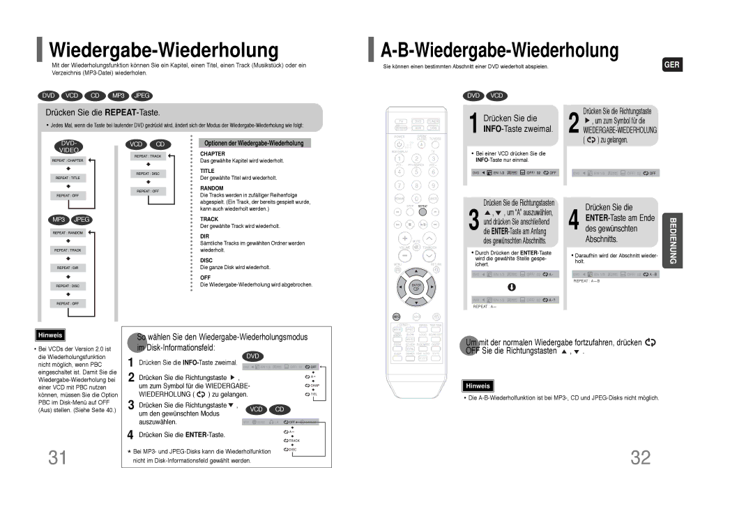 Samsung HT-THQ25R/ELS Wiedergabe-Wiederholung, Drücken Sie die REPEAT-Taste, Zu gelangen Drücken Sie die Richtungstaste 