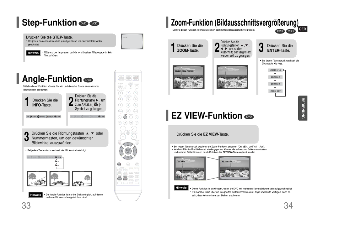 Samsung HT-THQ22R/ELS, HT-THQ25R/ELS manual Step-Funktion DVD VCD, Angle-Funktion DVD, EZ VIEW-Funktion DVD 