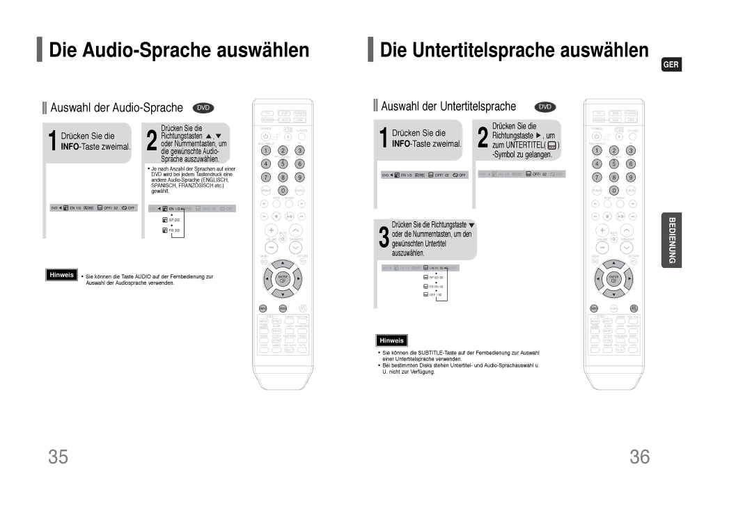 Samsung HT-THQ25R/ELS, HT-THQ22R/ELS manual Die Audio-Sprache auswählen, Die Untertitelsprache auswählen 