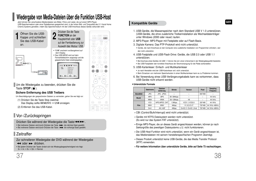 Samsung HT-THQ22R/ELS manual Um die Wiedergabe zu beenden, drücken Sie die Taste Stop, Sichere Entfernung des USB Treibers 