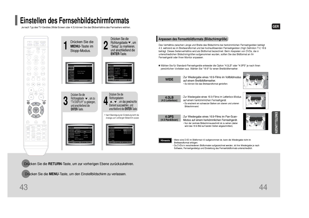 Samsung HT-THQ25R/ELS, HT-THQ22R/ELS manual MENU-Taste im, Stopp-Modus, Anpassen des Fernsehbildformats Bildschirmgröße 