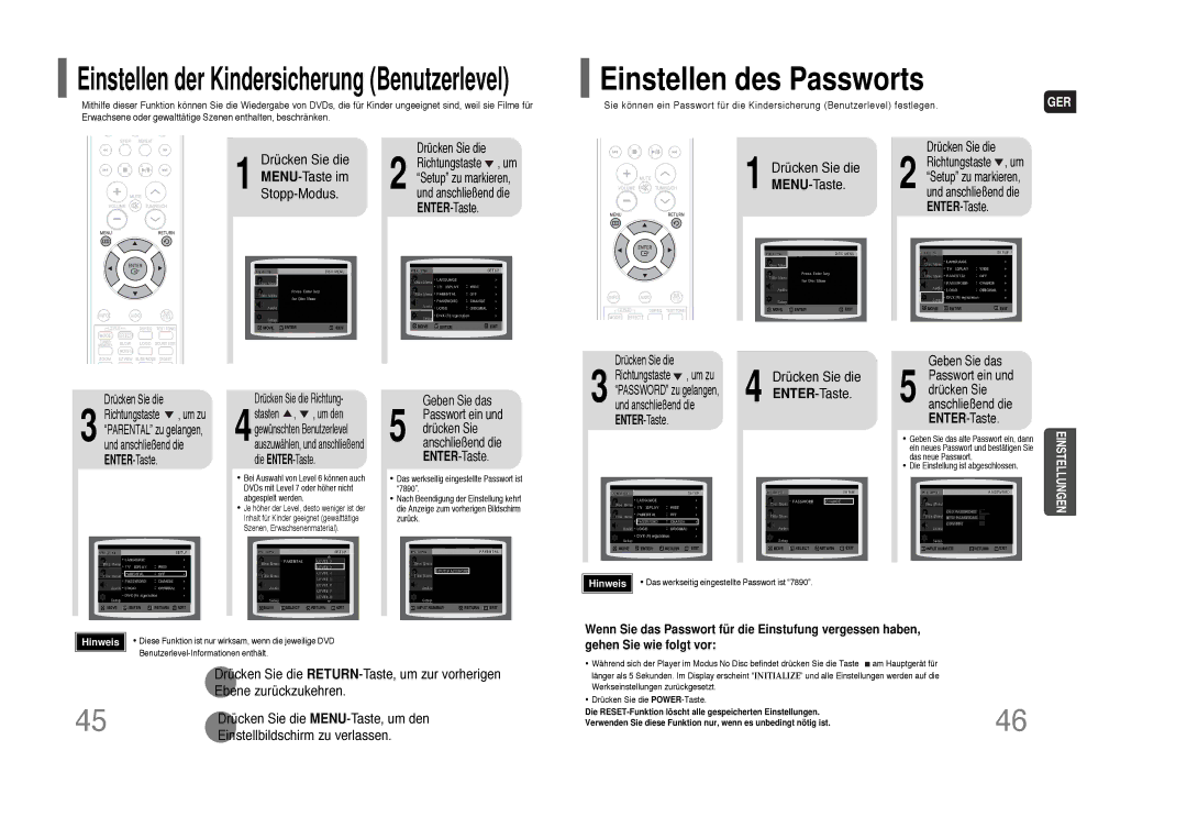 Samsung HT-THQ22R/ELS, HT-THQ25R/ELS manual Drücken Sie die MENU-Taste, ENTER-Taste, Ebene zurückzukehren, Geben Sie das 