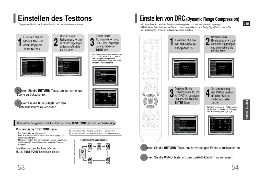 Samsung HT-THQ22R/ELS, HT-THQ25R/ELS manual Einstellen des Testtons, Drücken Sie im Modus No Disc oder Stopp die Taste Menu 