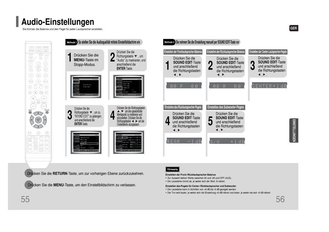 Samsung HT-THQ25R/ELS, HT-THQ22R/ELS DieundRichtungstastenanschließend, Einstellen der Front-/Rücklautsprecher-Balance 