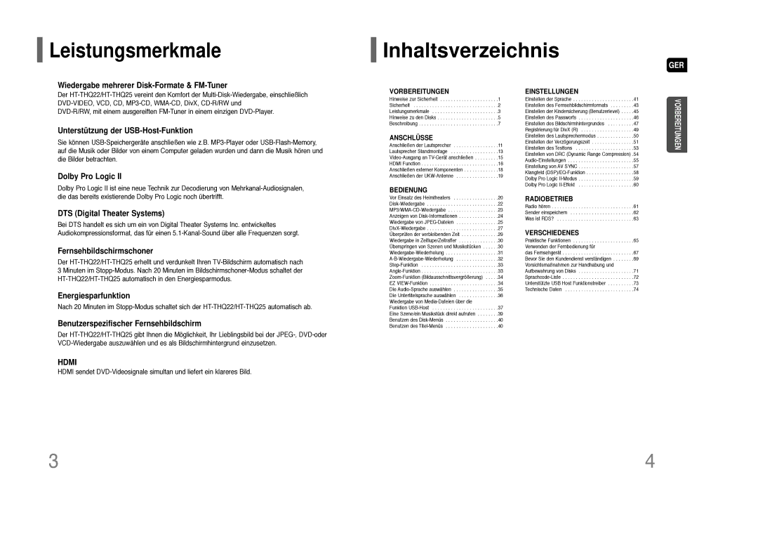 Samsung HT-THQ25R/ELS, HT-THQ22R/ELS manual Inhaltsverzeichnis, Leistungsmerkmale 