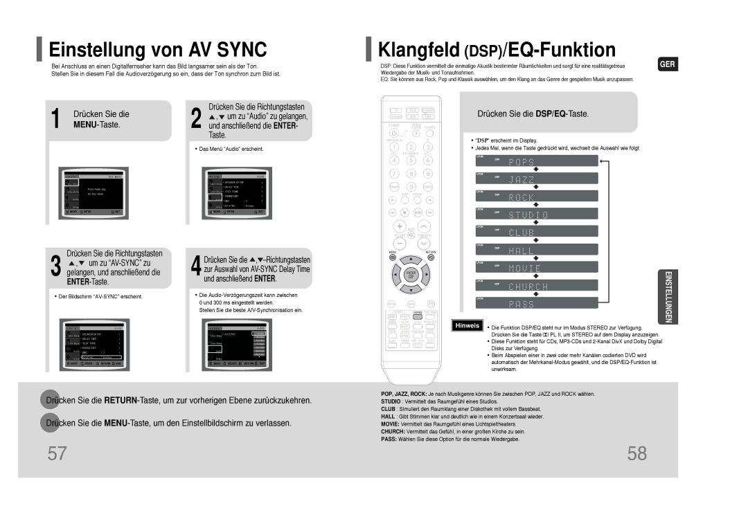 Samsung HT-THQ22R/ELS manual Einstellung von AV Sync, Klangfeld DSP/EQ-Funktion, MENU-Taste, Drücken Sie die DSP/EQ-Taste 