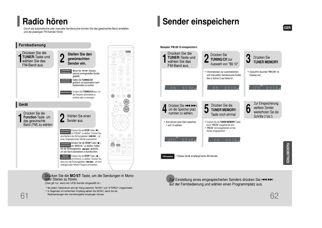 Samsung HT-THQ22R/ELS manual Radio hören, Sender einspeichern, Fernbedienung, Stellen Sie den Gewünschten Sender ein, Gerät 