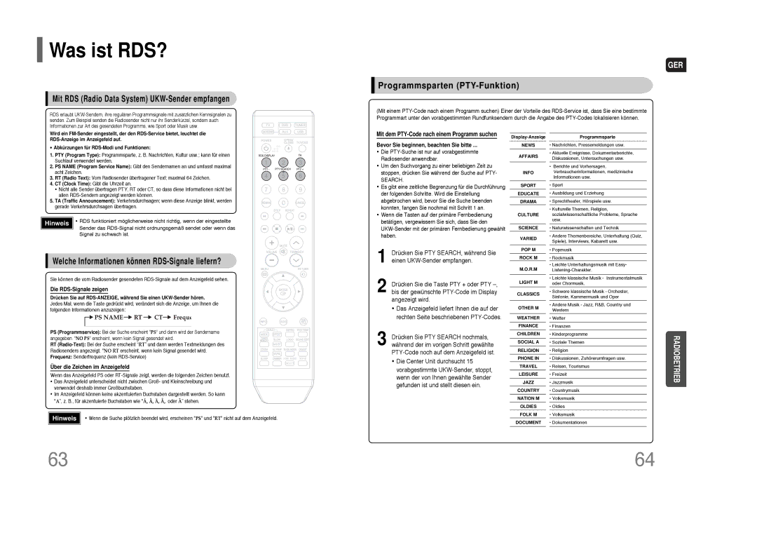 Samsung HT-THQ25R/ELS manual Was ist RDS?, Programmsparten PTY-Funktion, Mit RDS Radio Data System UKW-Sender empfangen 