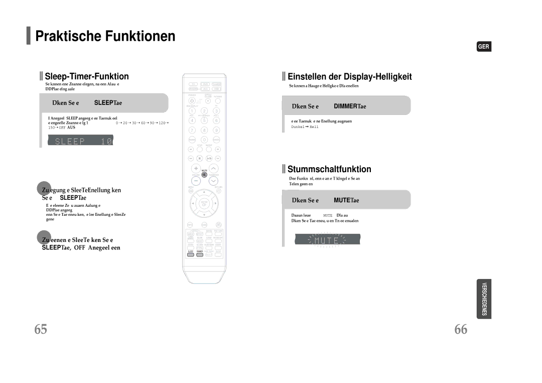 Samsung HT-THQ22R/ELS, HT-THQ25R/ELS manual Praktische Funktionen, Drücken Sie die SLEEP-Taste, Drücken Sie die DIMMER-Taste 