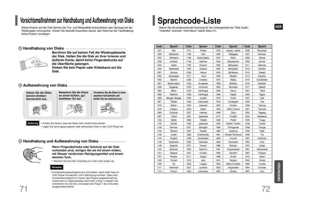 Samsung HT-THQ25R/ELS Sprachcode-Liste, Setzen Sie die Disks Bewahren Sie die Disks, Keinem direkten An einem kühlen, gut 