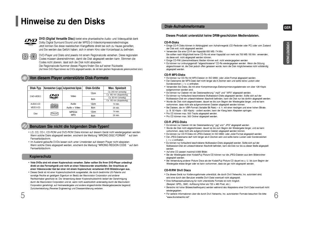 Samsung HT-THQ22R/ELS, HT-THQ25R/ELS manual Hinweise zu den Disks, Kopierschutz 