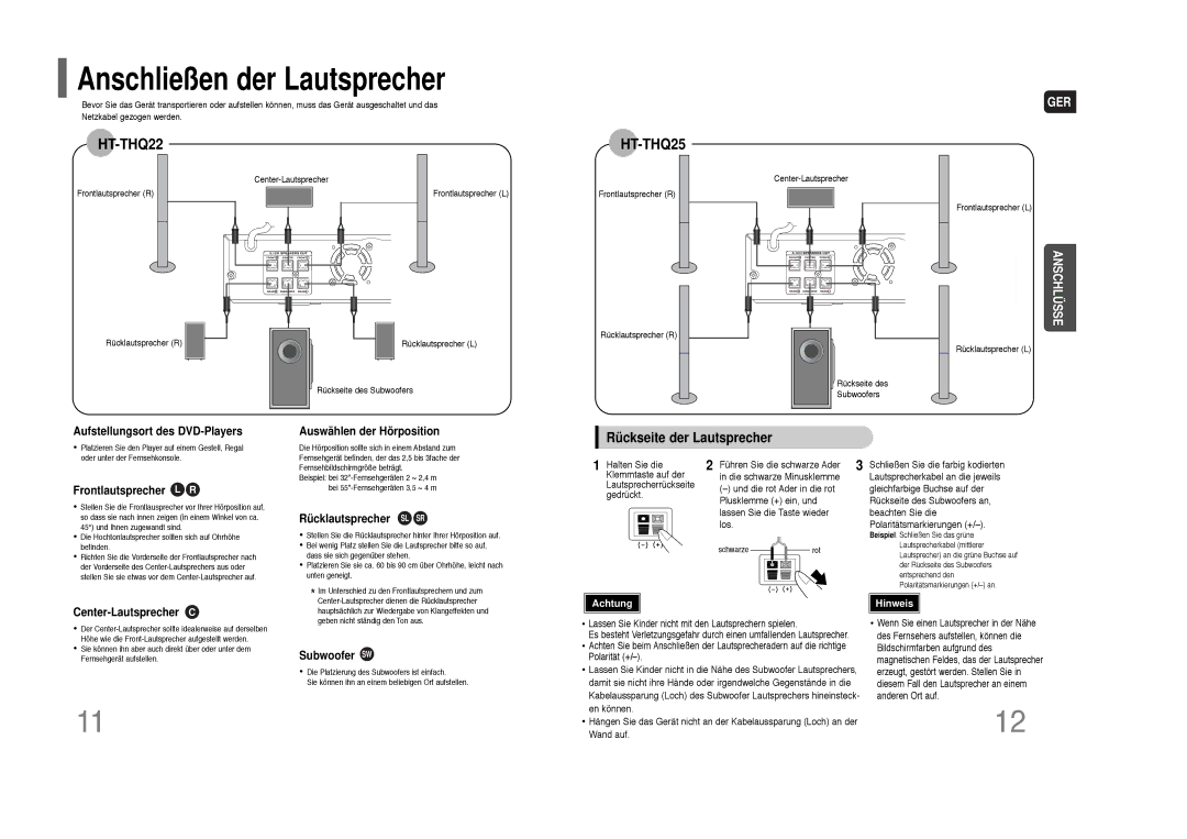 Samsung HT-THQ25R/ELS, HT-THQ22R/ELS manual Anschließen der Lautsprecher, Rückseite der Lautsprecher 