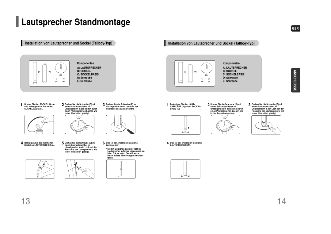 Samsung HT-THQ22R/ELS, HT-THQ25R/ELS manual Lautsprecher Standmontage, Sockelbasis C 