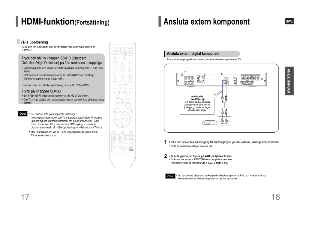 Samsung HT-THQ22R/ELS, HT-THQ25R/ELS manual Välja upplösning, Tryck på knappen SD/HD 