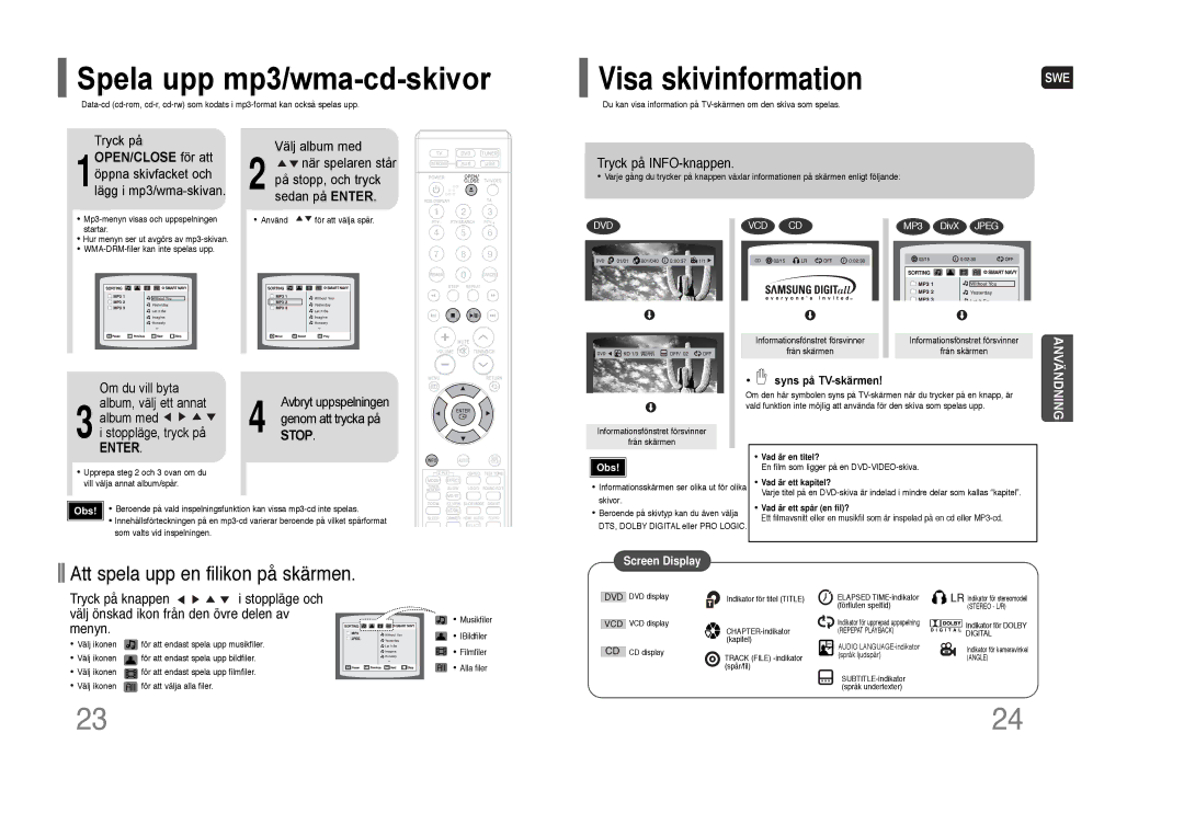 Samsung HT-THQ25R/ELS, HT-THQ22R/ELS manual Spela upp mp3/wma-cd-skivor, Tryck på INFO-knappen, Genom att trycka på 