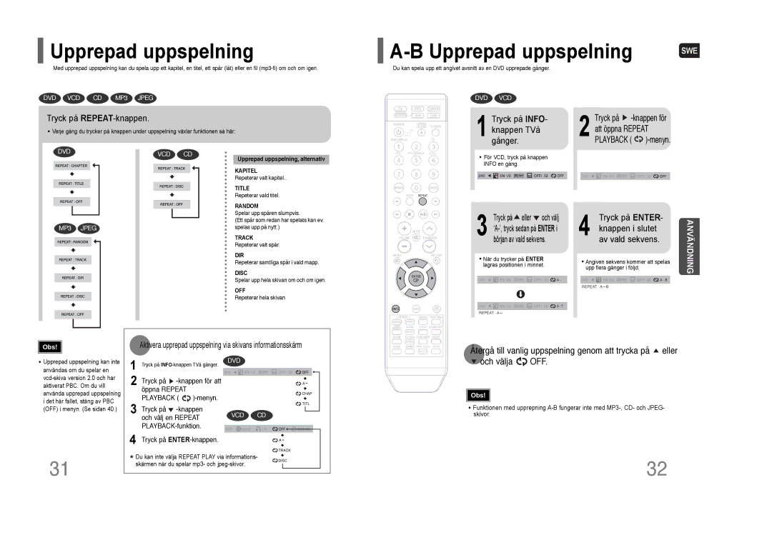 Samsung HT-THQ25R/ELS, HT-THQ22R/ELS manual Upprepad uppspelning 