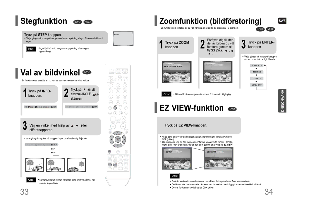 Samsung HT-THQ22R/ELS manual Stegfunktion DVD VCD, Val av bildvinkel DVD, EZ VIEW-funktion, Zoomfunktion bildförstoring 