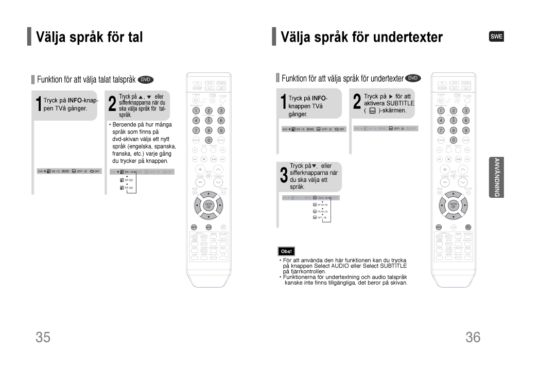 Samsung HT-THQ25R/ELS, HT-THQ22R/ELS Välja språk för tal, Välja språk för undertexter, 1Tryck på INFO-knap- pen TVå gånger 