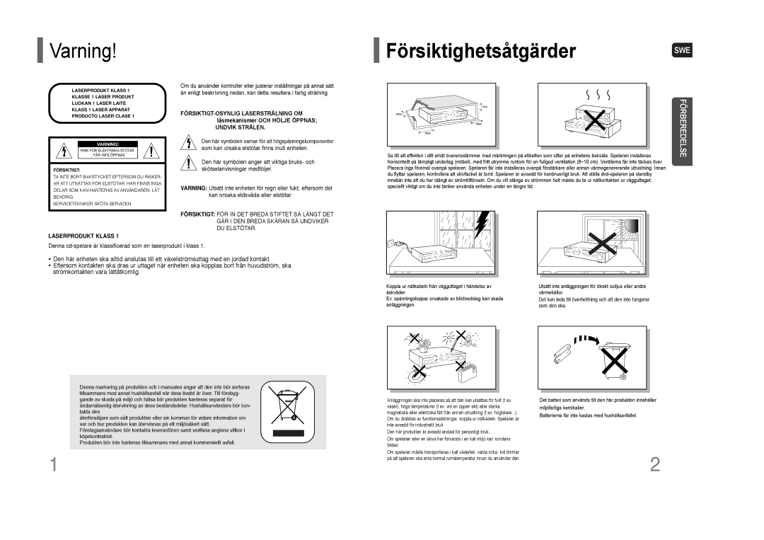 Samsung HT-THQ22R/ELS, HT-THQ25R/ELS manual Försiktighetsåtgärder SWE, Varning 