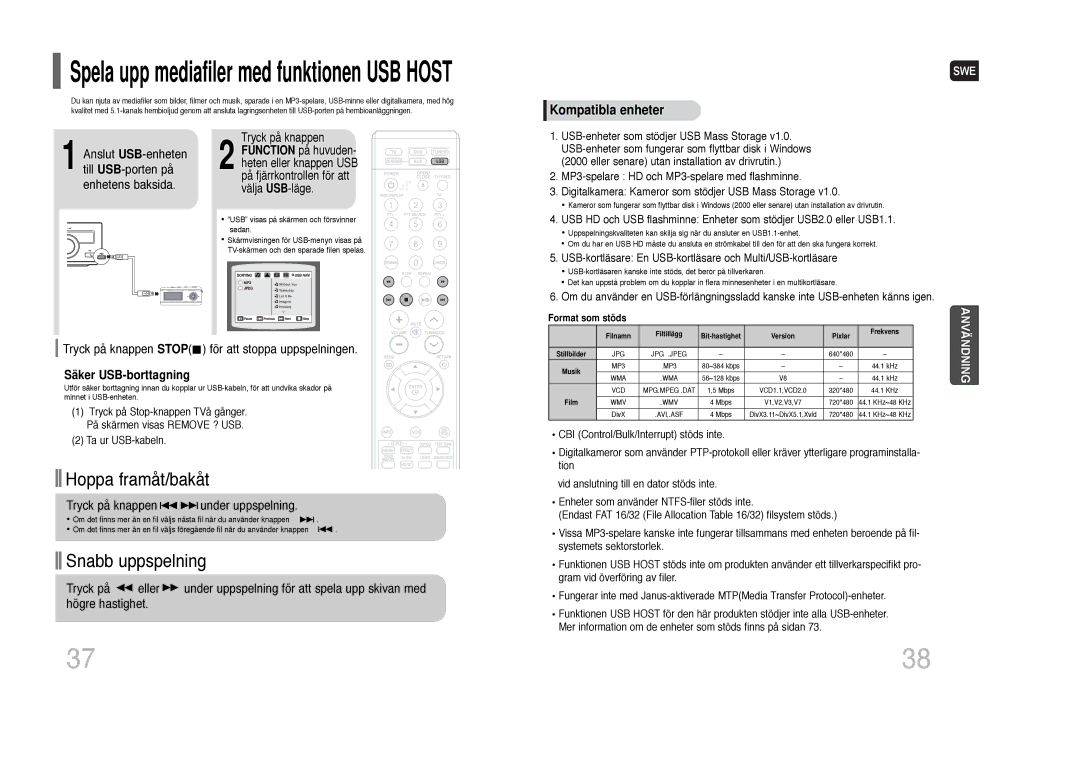 Samsung HT-THQ22R/ELS, HT-THQ25R/ELS manual Anslut USB-enheten till USB-porten på enhetens baksida, Säker USB-borttagning 