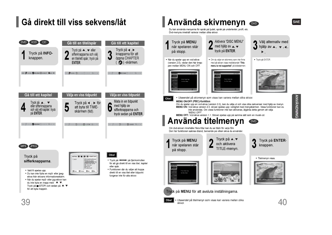 Samsung HT-THQ25R/ELS, HT-THQ22R/ELS manual Använda titelmenyn, Gå direkt till viss sekvens/låt, Sifferknapparna 