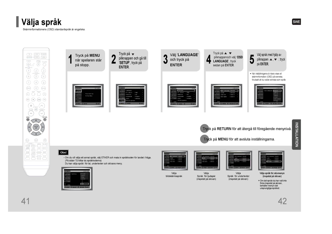 Samsung HT-THQ22R/ELS, HT-THQ25R/ELS manual Tryck på Menu, Välj ‘LANGUAGE’, Och tryck på 