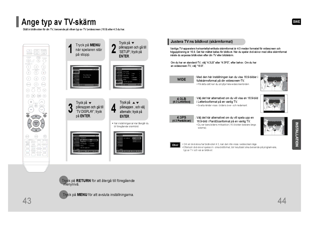 Samsung HT-THQ25R/ELS, HT-THQ22R/ELS manual Ange typ av TV-skärm, Justera TVns bildkvot skärmformat 