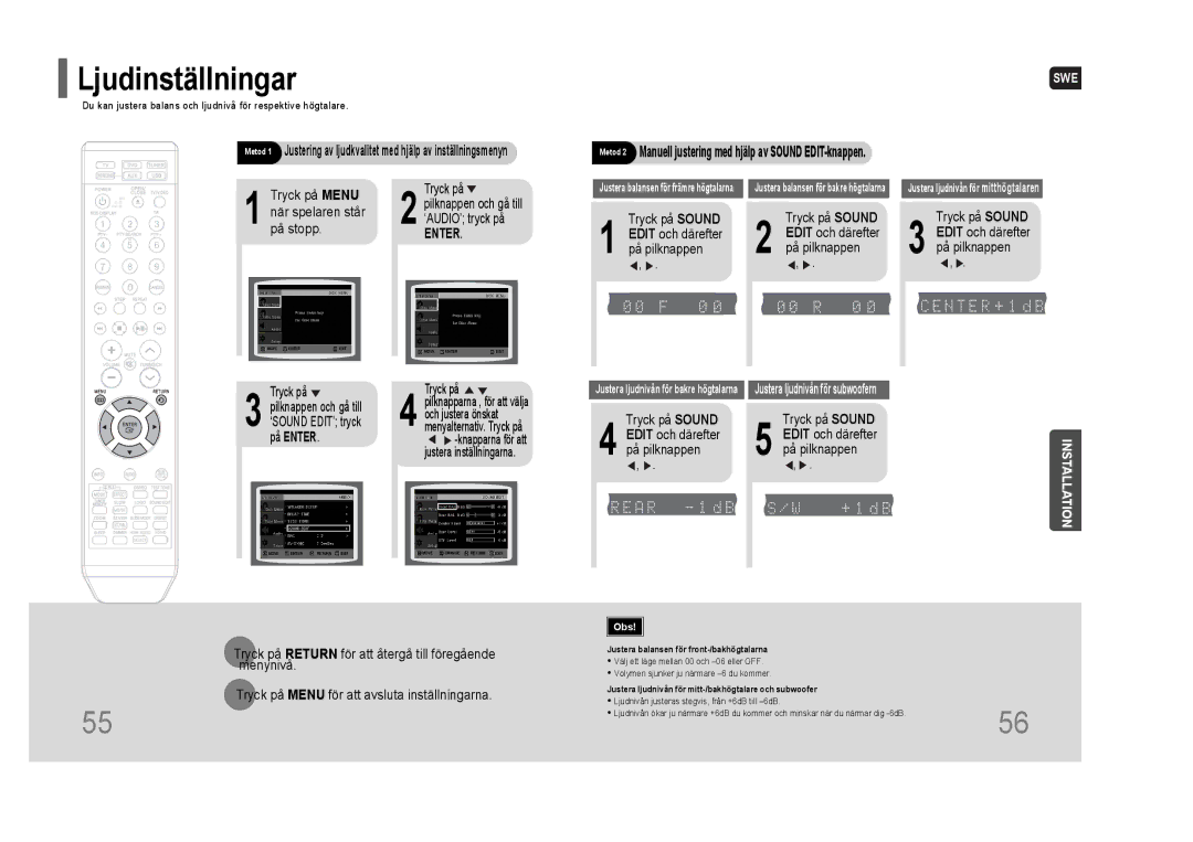 Samsung HT-THQ25R/ELS, HT-THQ22R/ELS manual Ljudinställningar, Metod 2 Manuell justering med hjälp av Sound EDIT-knappen 